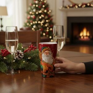 Vintage Santa Tall Coffee/Tea Mug Hallmark Christmas/Holiday Burgundy/Green EUC